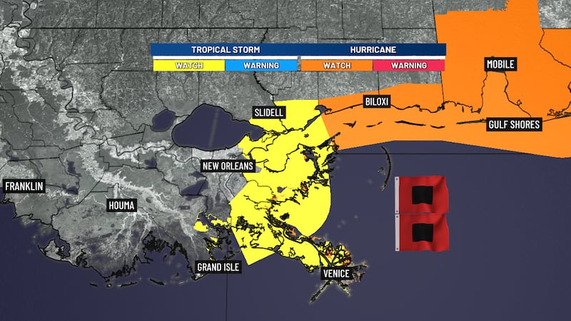 Tropical Storm and Hurricane watches are in effect Wednesday (Oct. 7) along the Gulf Coast as...