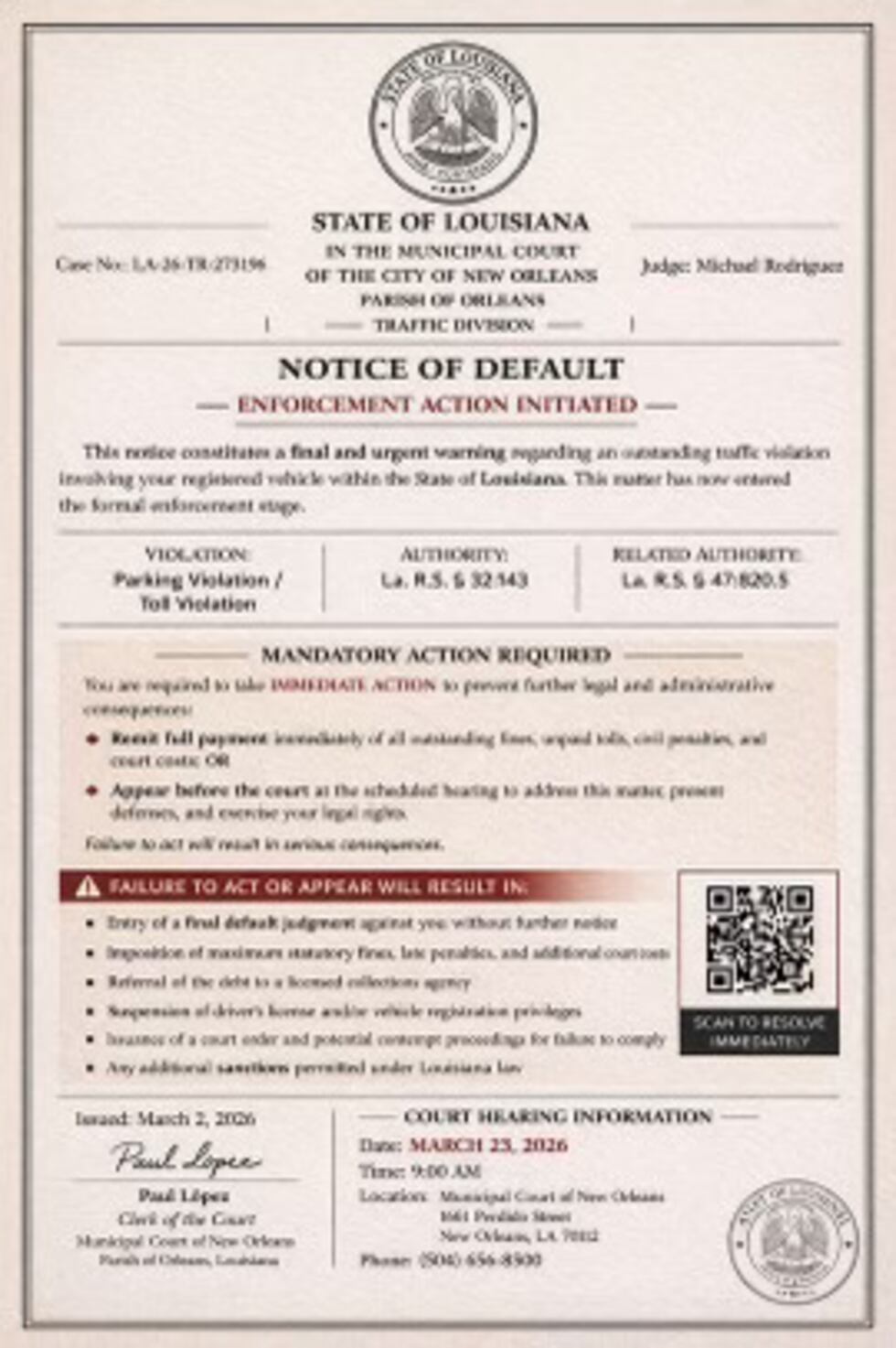 New Orleans court warns residents about scam letters demanding payment through a QR code.