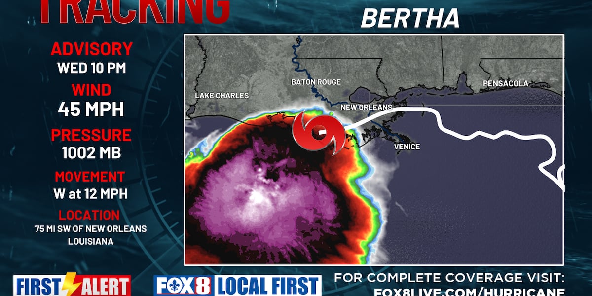 Bertha moves west across southeastern Louisiana after landfall