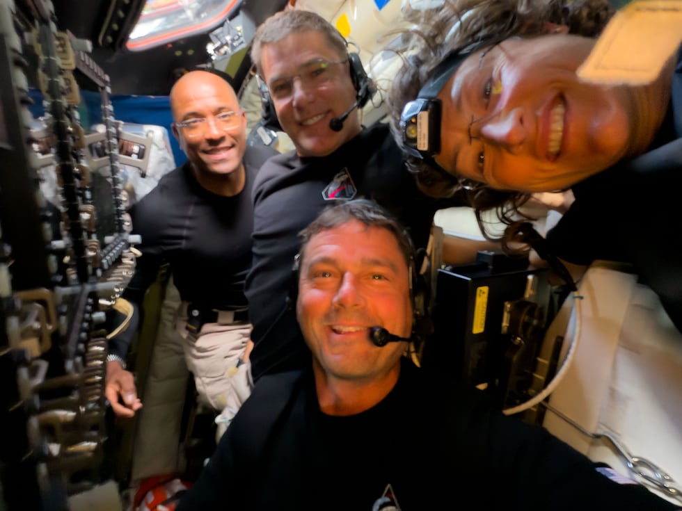In this image provided by NASA, Artemis II crew members, from left, Victor Glover Jeremy...