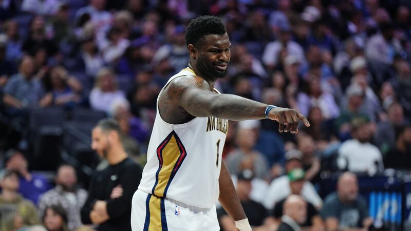 Pelicans forward Zion Williamson reacts during New Orleans' 117-113 loss to the Kings on...