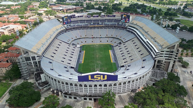 An aerial overall exterior view of Tiger Stadium before an NCAA college baseball tournament...