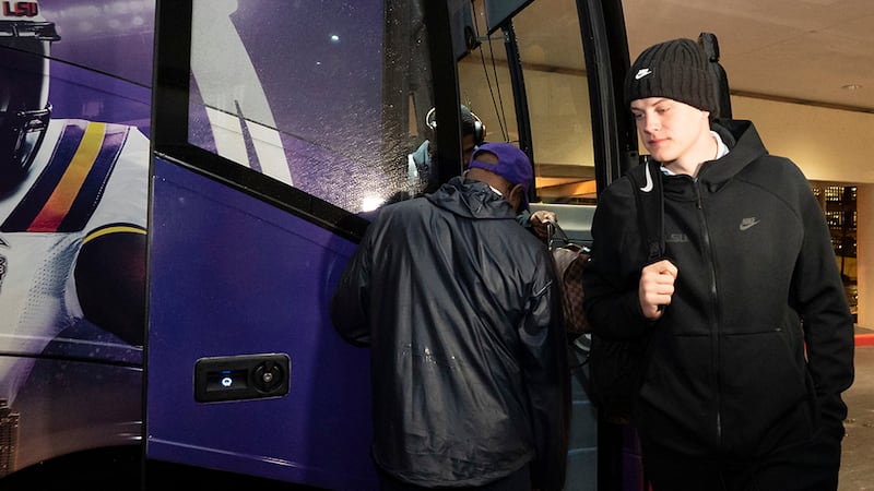The LSU Tigers quarterback Joe Burrow arrives at the team hotel, Sunday, Dec. 22, 2019, in...