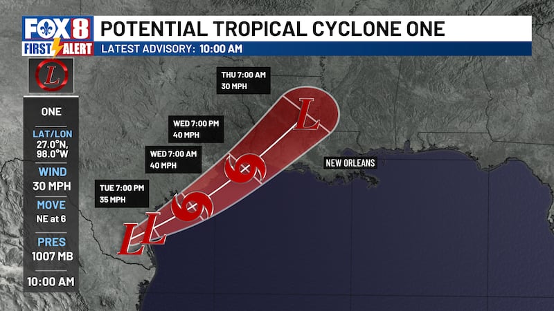 The forecast track for Potential Tropical Cyclone One from 10 am Tuesday.