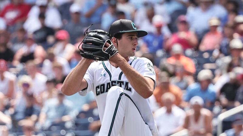 Coastal Carolina pitcher Cameron Flukey (2) during an NCAA College World Series baseball game...