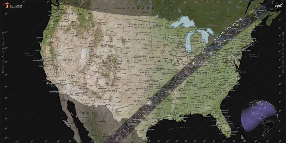 This NASA map shows the path of totality for the April 8, 2024 total solar eclipse