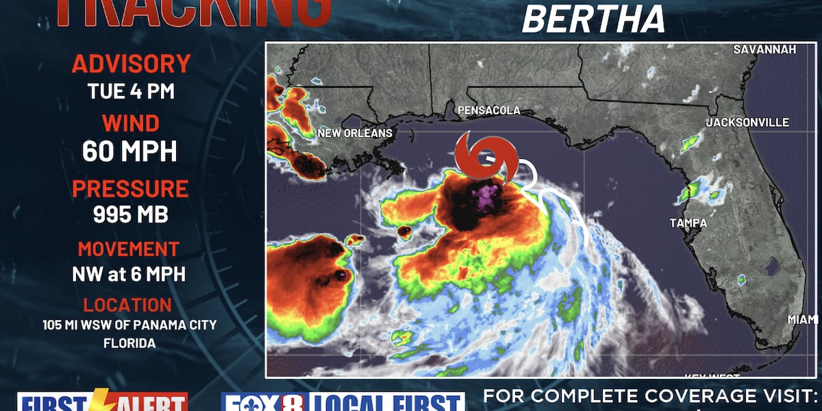 Warnings extend across coastal Louisiana as Bertha creeps west with 60 mph winds