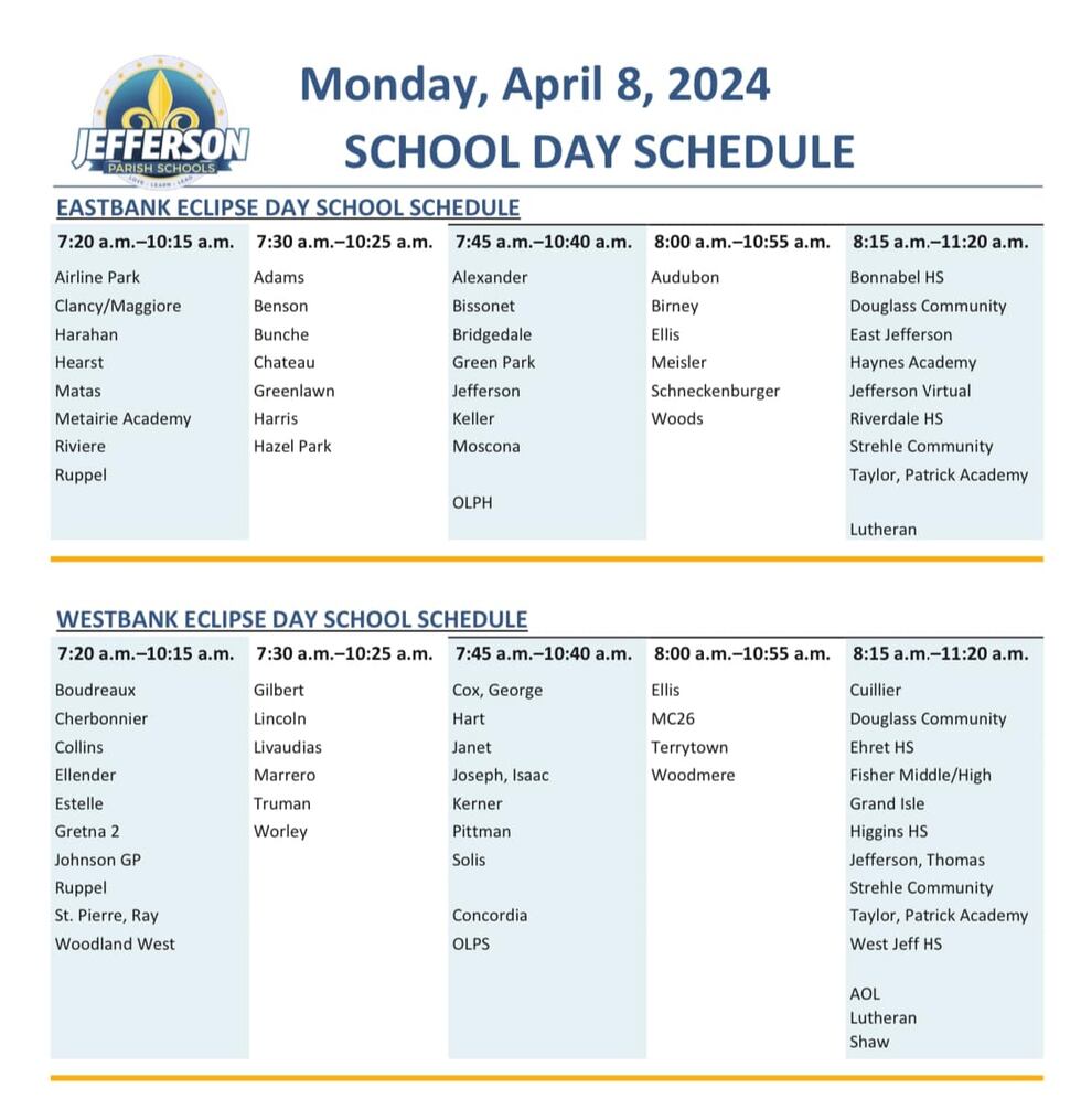 Jefferson Parish Schools will have early dismissal on Monday out of an abundance of caution,...