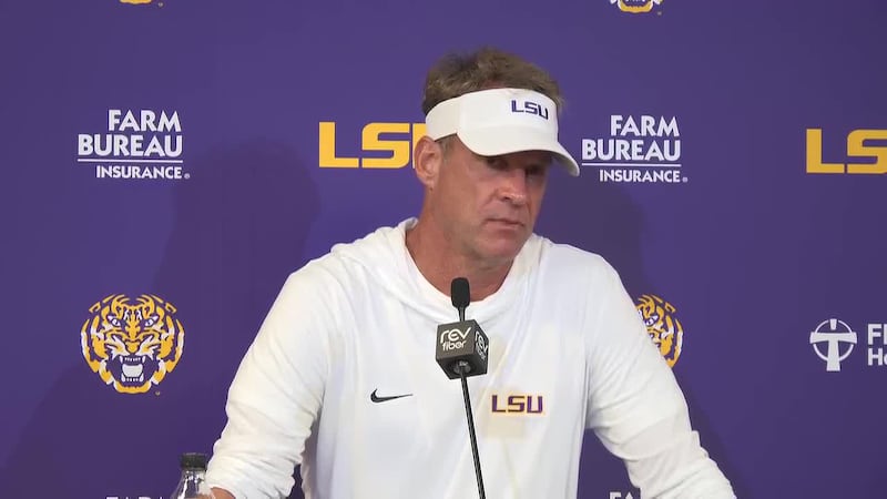 LSU head coach Lane Kiffin speaks to reporters following the Tigers’ game against Texas A&M.